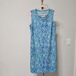 Talbots Turquoise & Navy Paisley Sleeveless Shift Dress